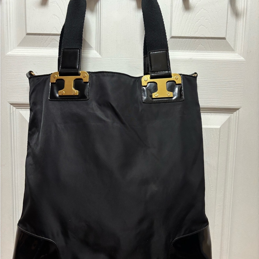 Tory Burch NICO Black Patent and Nylon Large Tote in EUC - Picture 1 of 15